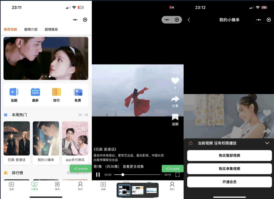 F218 A0646全开源仿抖音小剧场短剧影视微信小程序源码/自带支付收益带会员模式用户单独购买